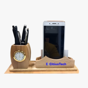 WoodCraft Desk Organizer with Clock | Mobile & Pen Holder for Office
